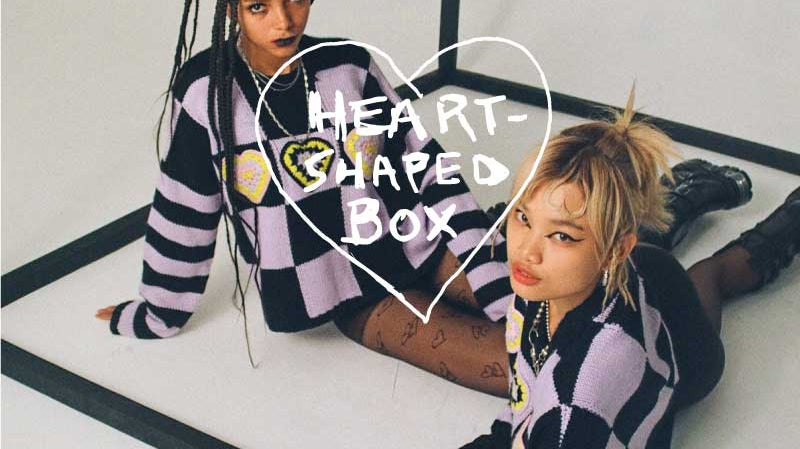 Black and lilac check square knit jumper with appliqué hearts