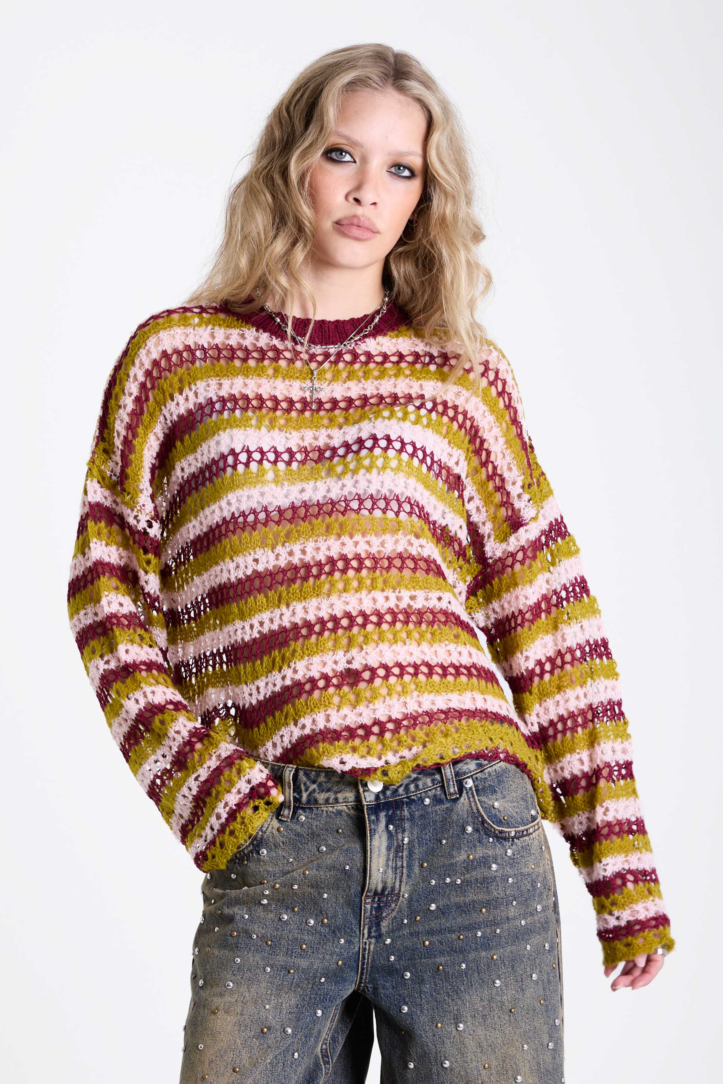 Pink and green contrast stripe crochet open knit oversized jumper, worn by model