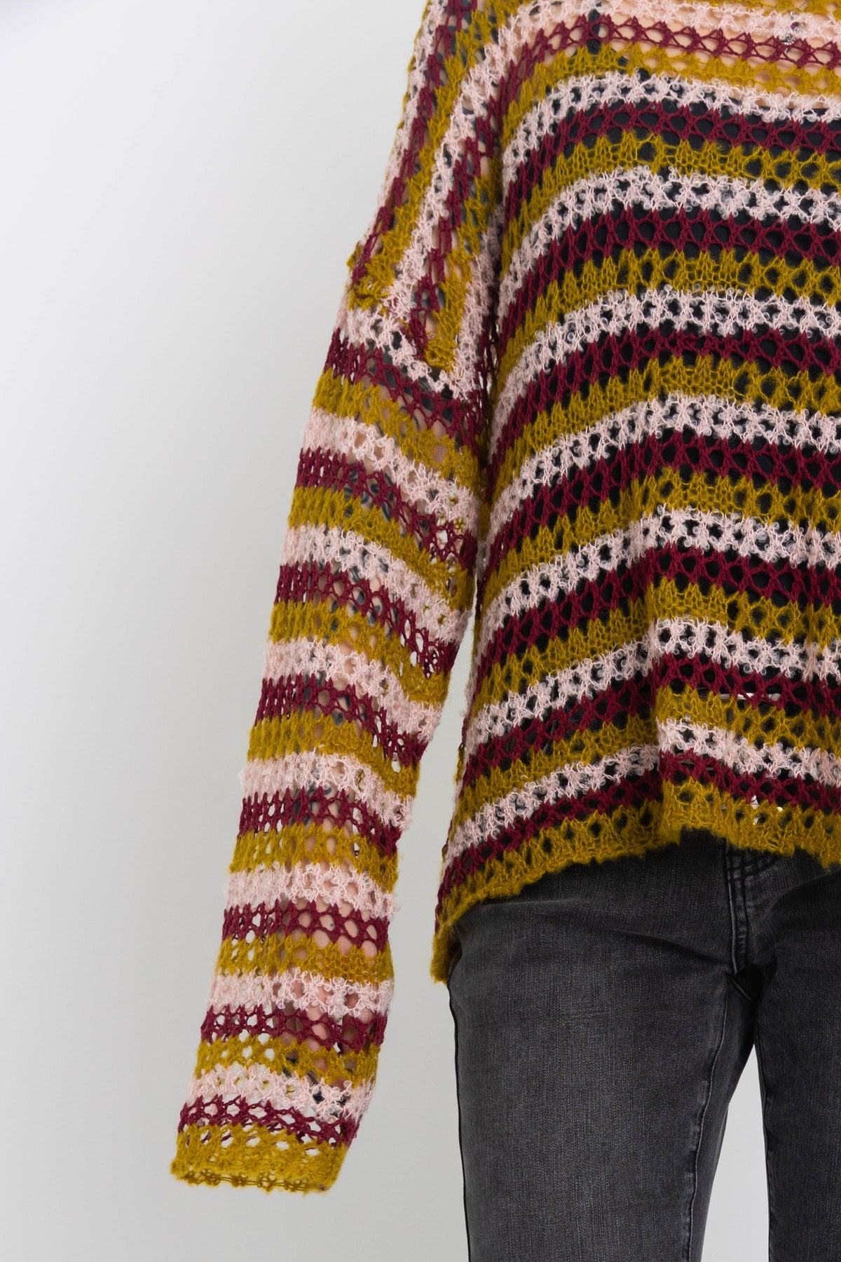 Grunge striped crochet open knit jumper, worn by model