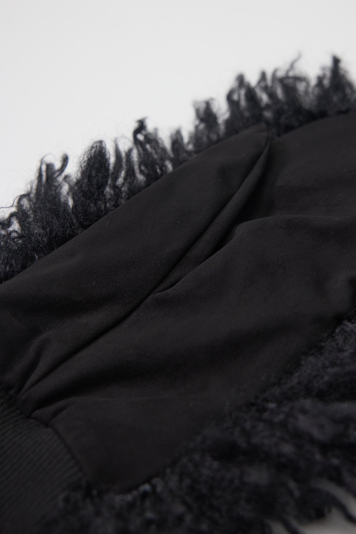 Black shaggy faux fur mittens.