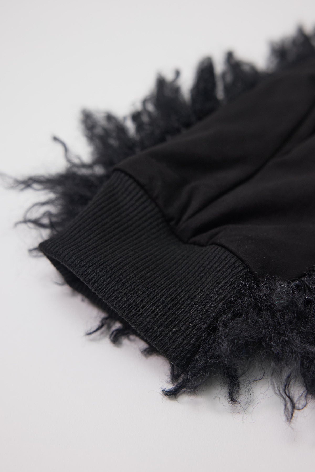 Black shaggy faux fur mittens.
