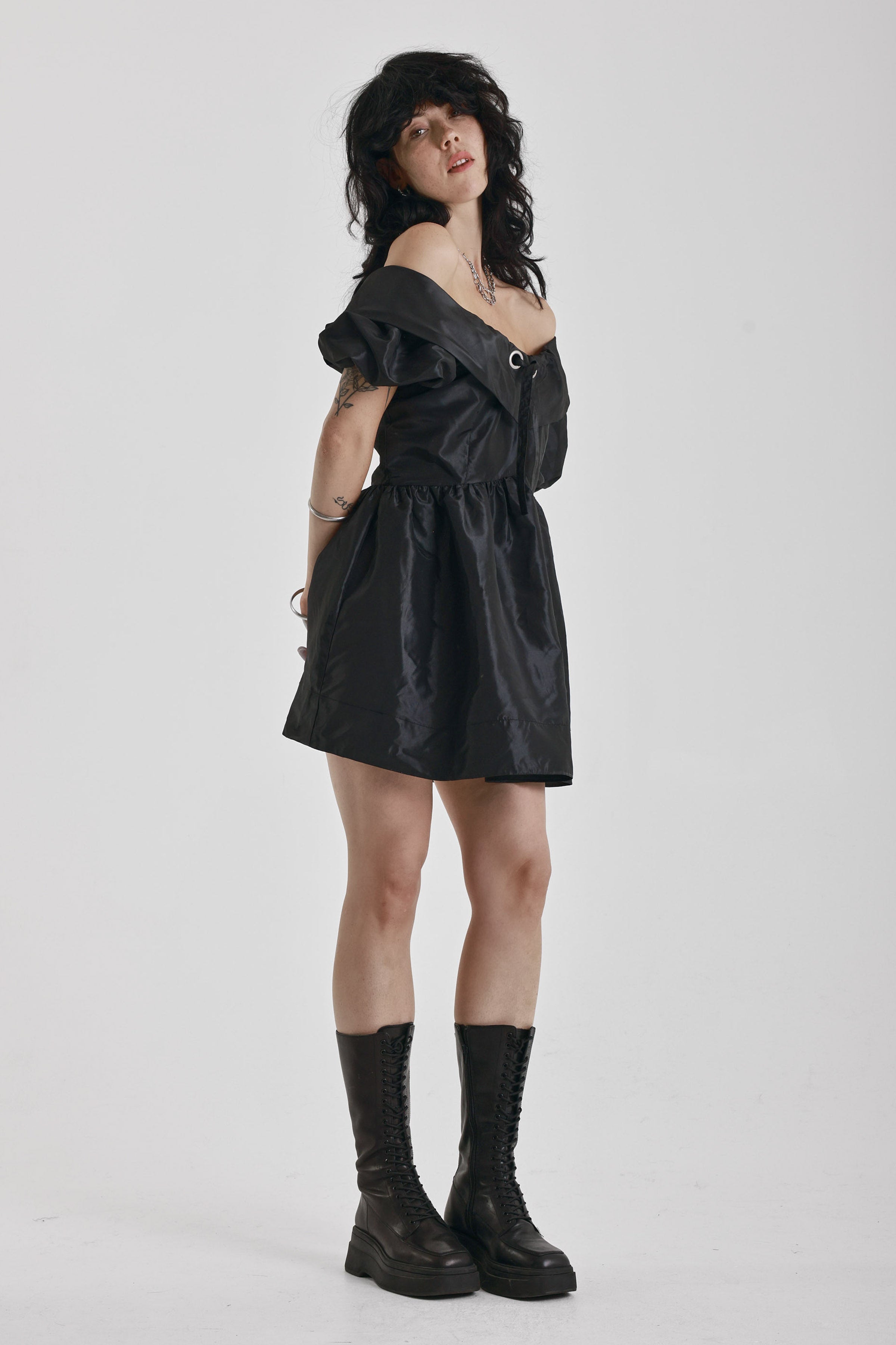 Black puff sleeve off shoulder mini dress, little black dress, party dress, worn by model