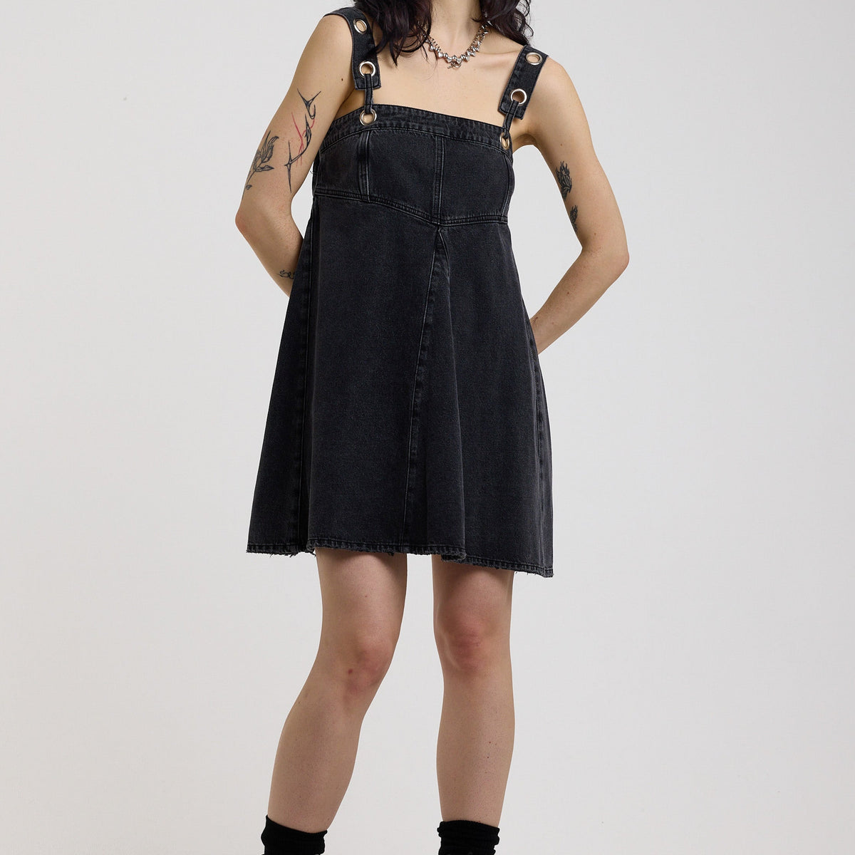 black denim dress Popper Front 3/4 Sleeve Stretch Denim Mini Dess Denim Seamed Mini Dress in