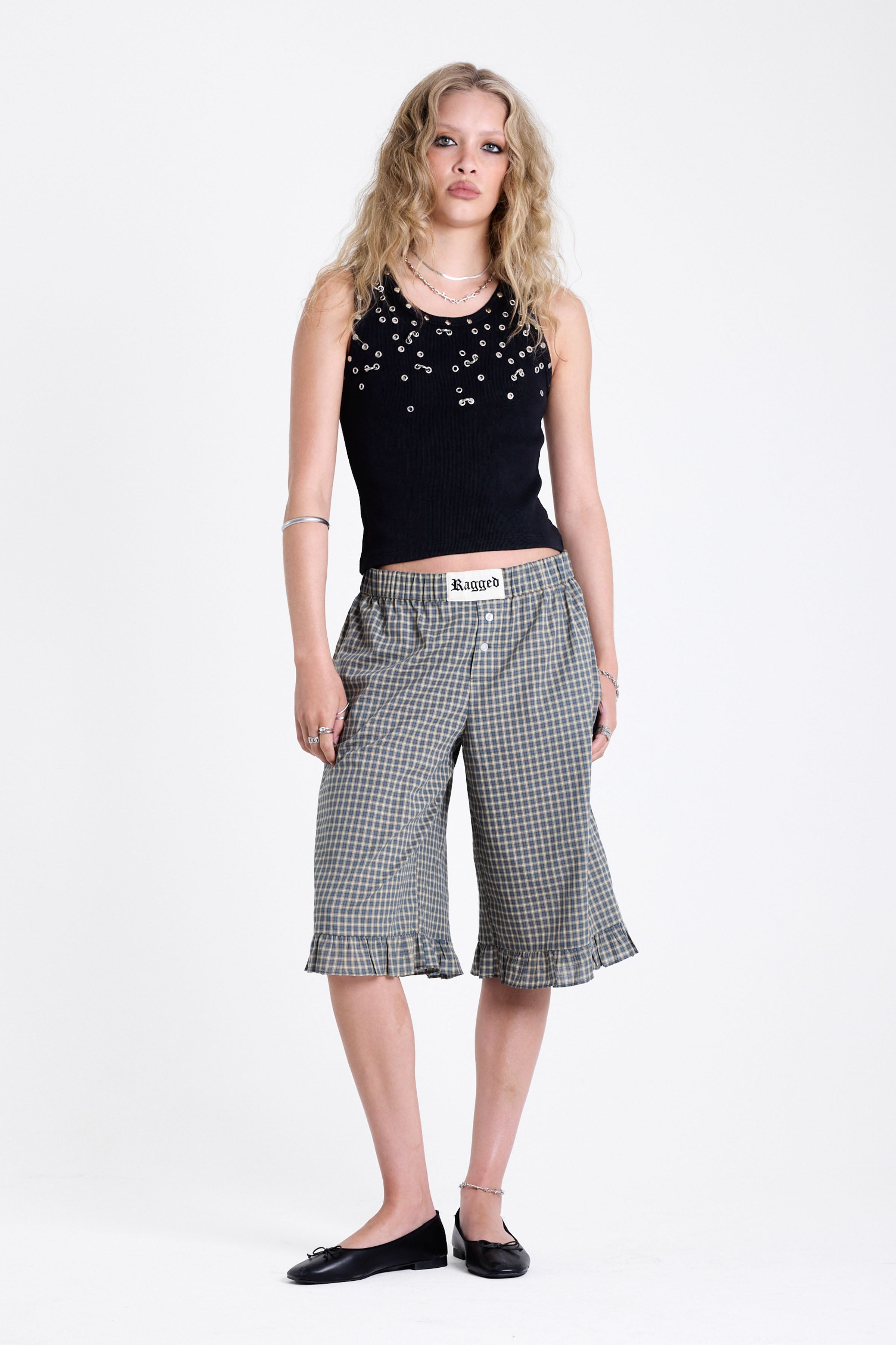 Green and yellow gingham longline boxer shorts, relaxed capri pants, with elasticated waistband and ruffle hem, worn by model