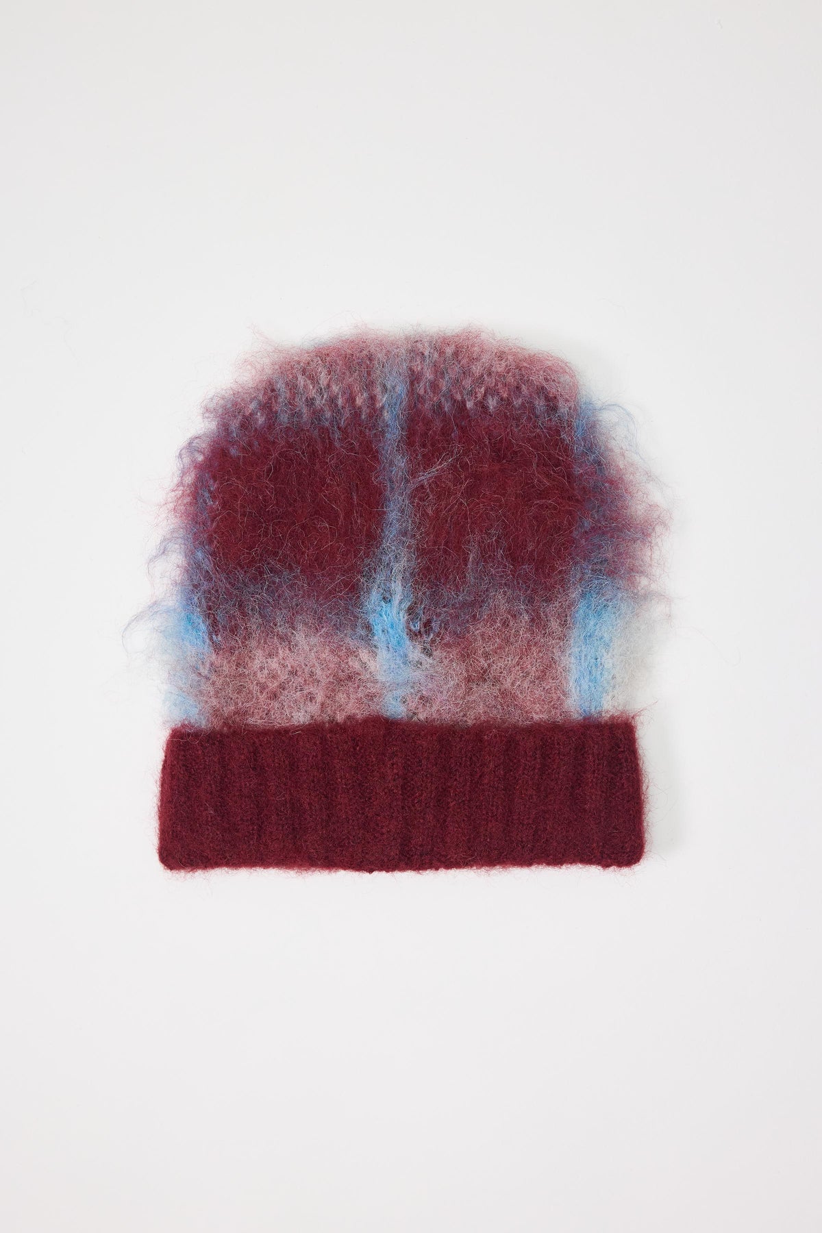 Red and blue check fuzzy knitted beanie winter hat