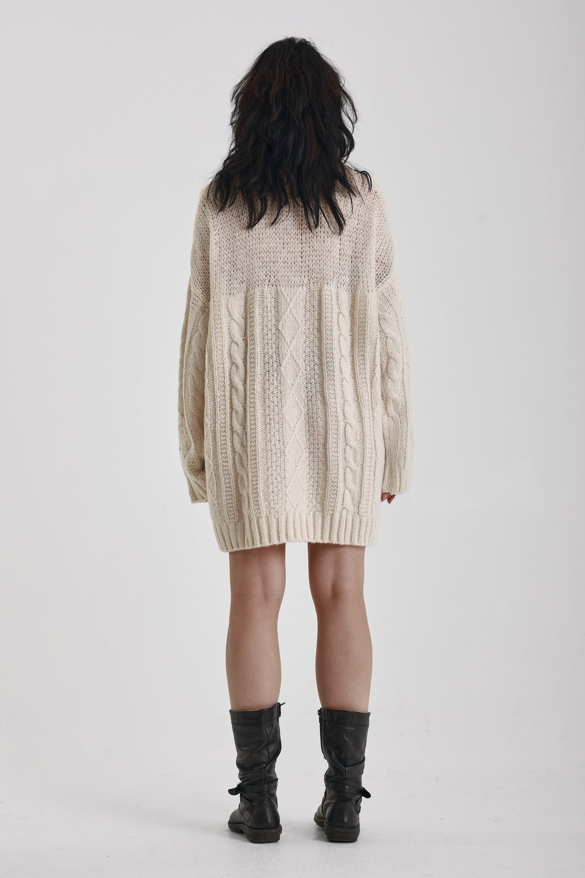 Ecru cable knit chunky knitted mini dress, worn by model
