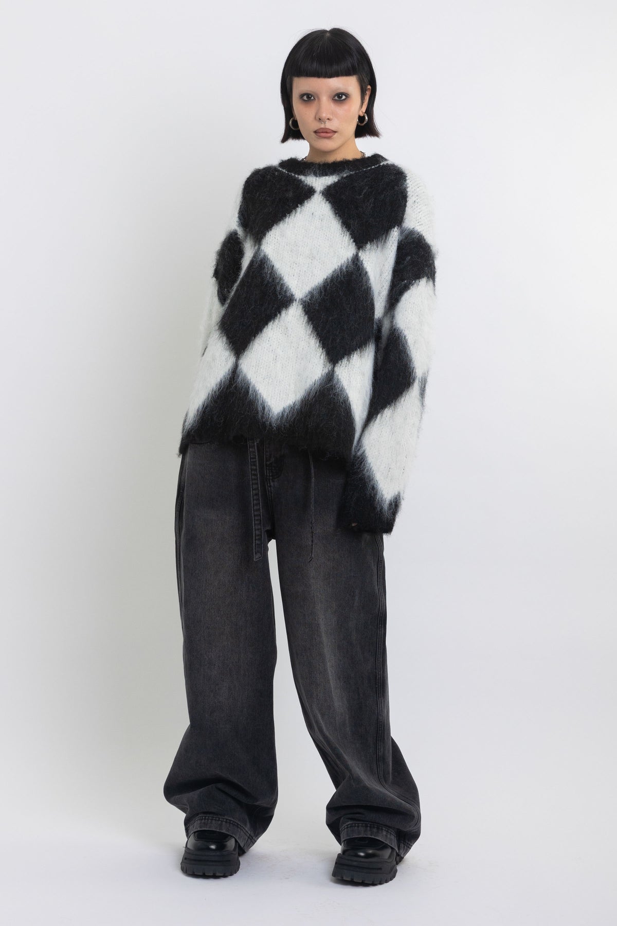 Black and white diamond argyle check fluffy knit oversized jumper, worn by model