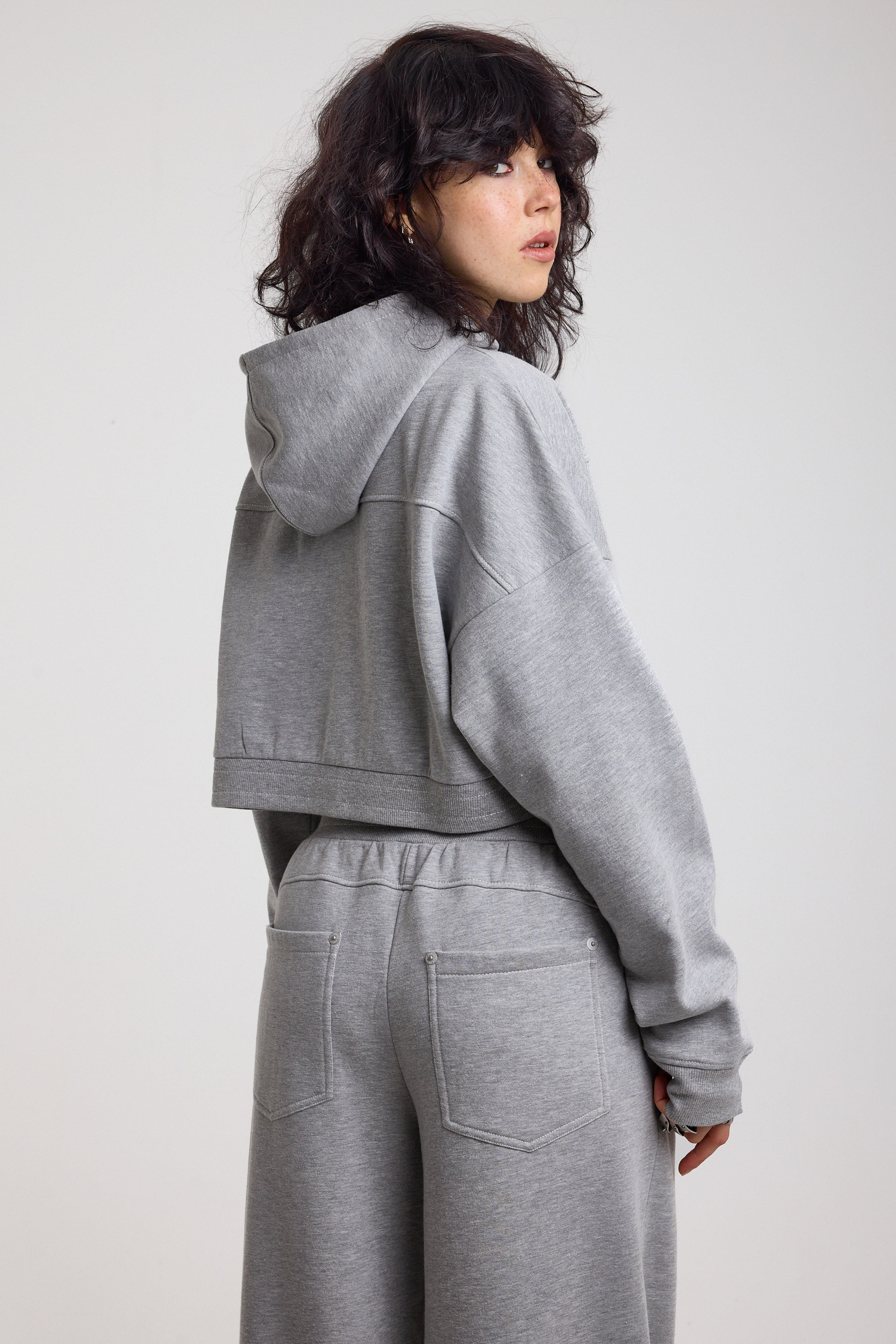 Back image of grey cropped hoodie with silver hardware clasps and seam details, worn by model