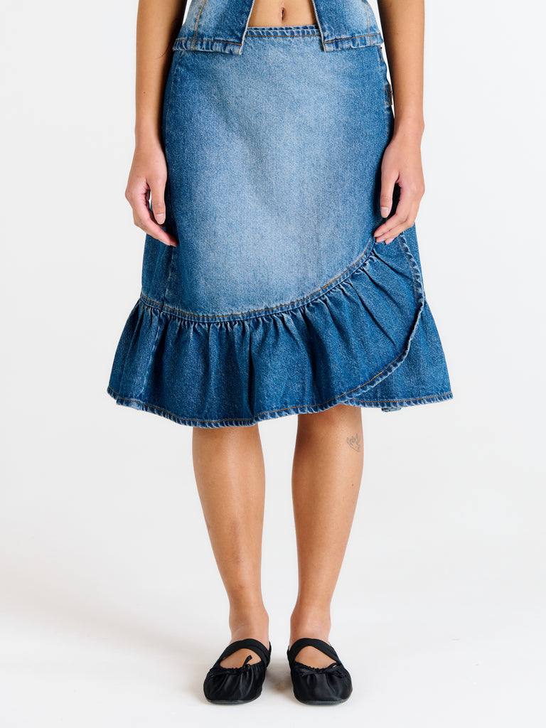Gail Buckle Denim Wrap Skirt