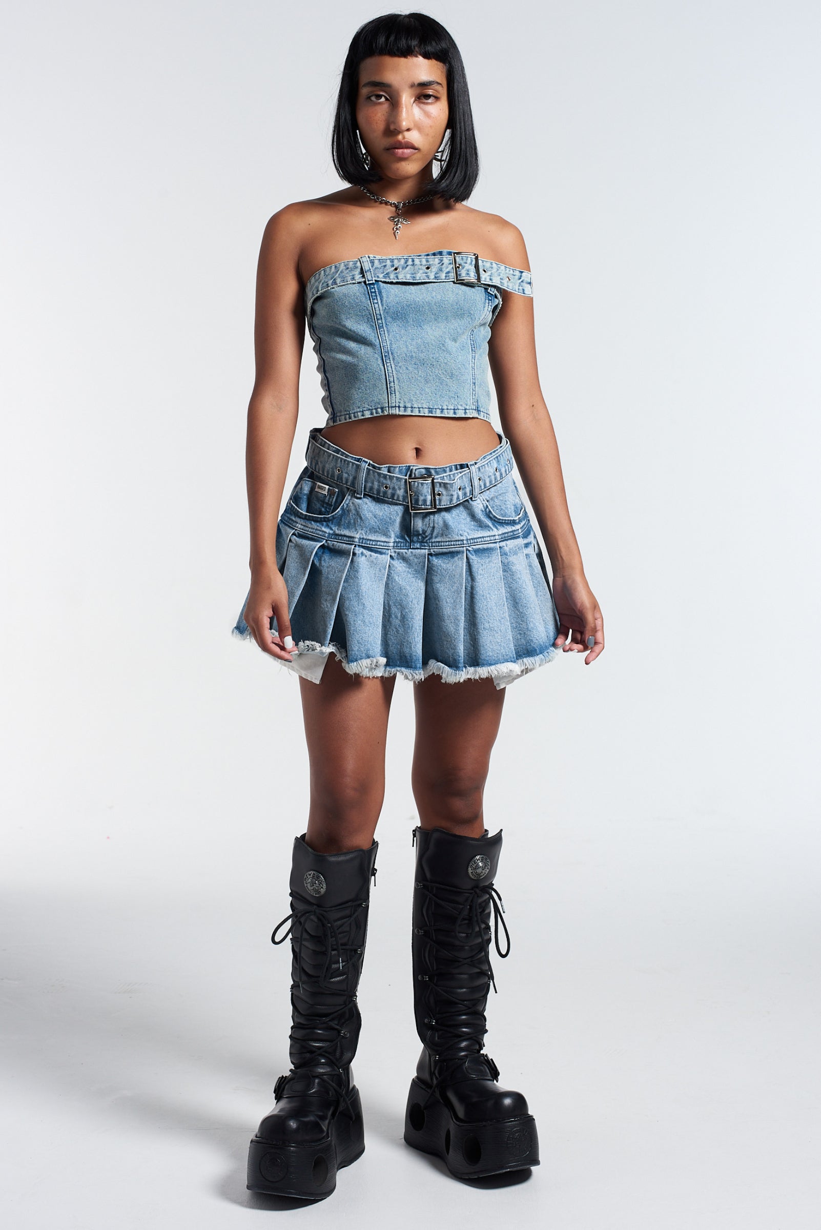 Low Rise Pleated Denim Mini Skirt C0302 - Blue Denim S