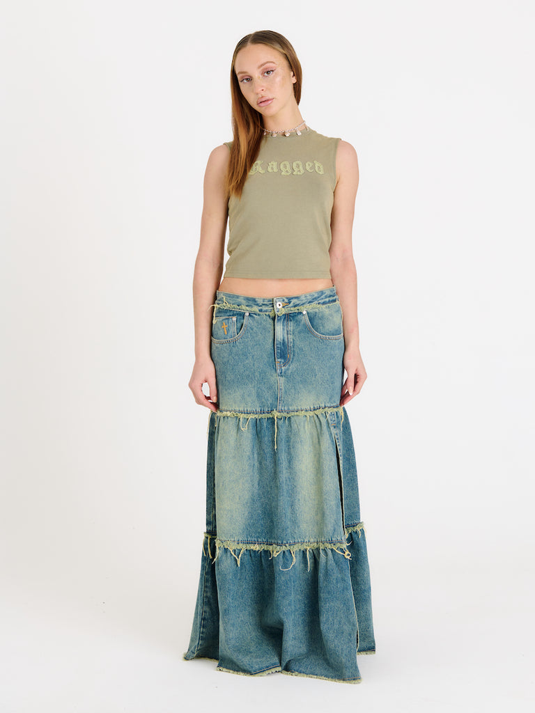 Dirty Wash Tiered Maxi Skirt