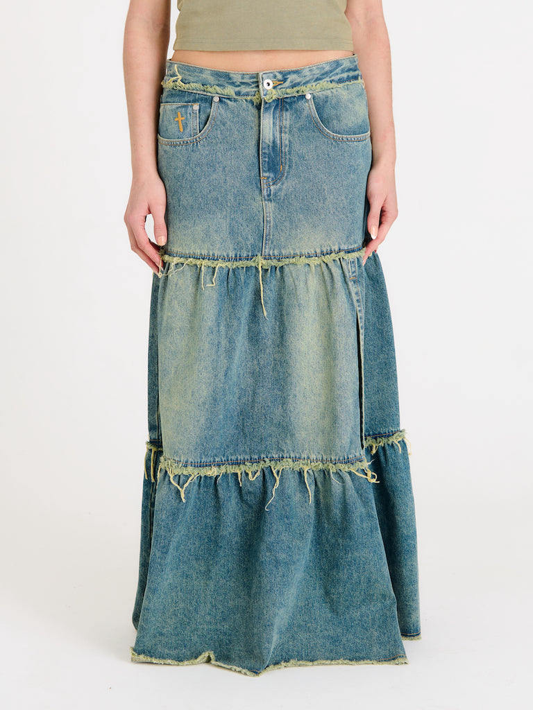 Dirty Wash Tiered Maxi Skirt