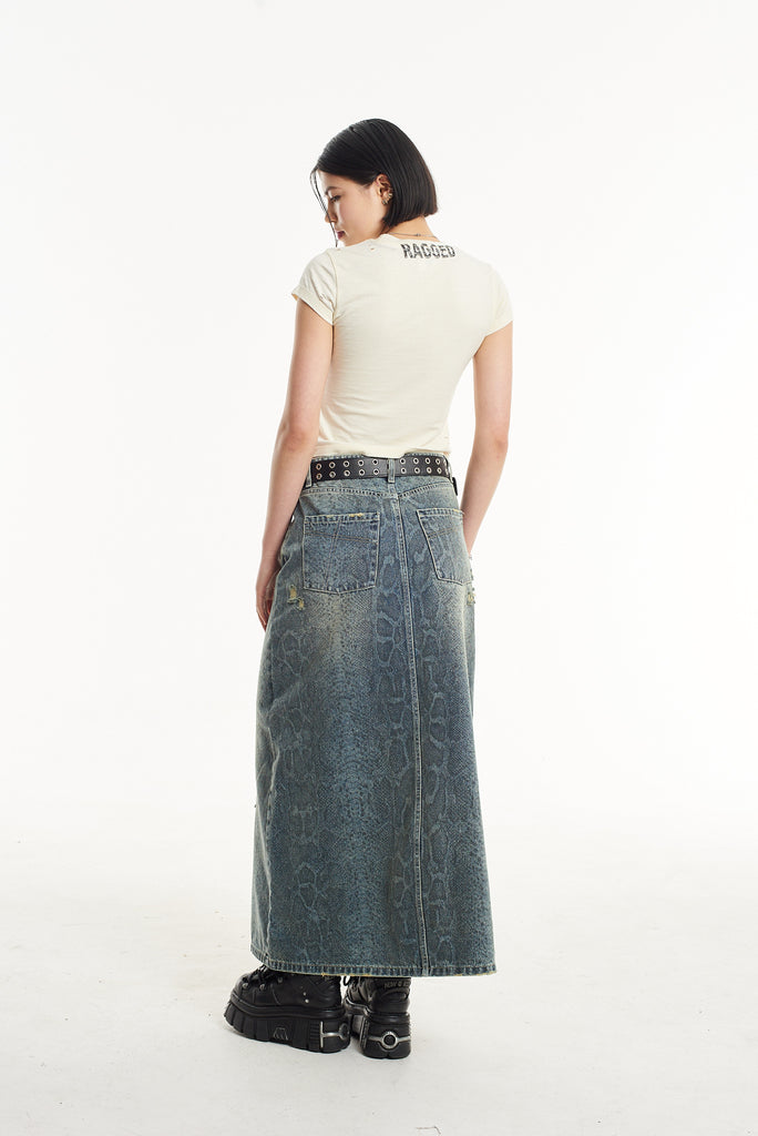 Skin Snakeskin Print Denim Maxi Skirt