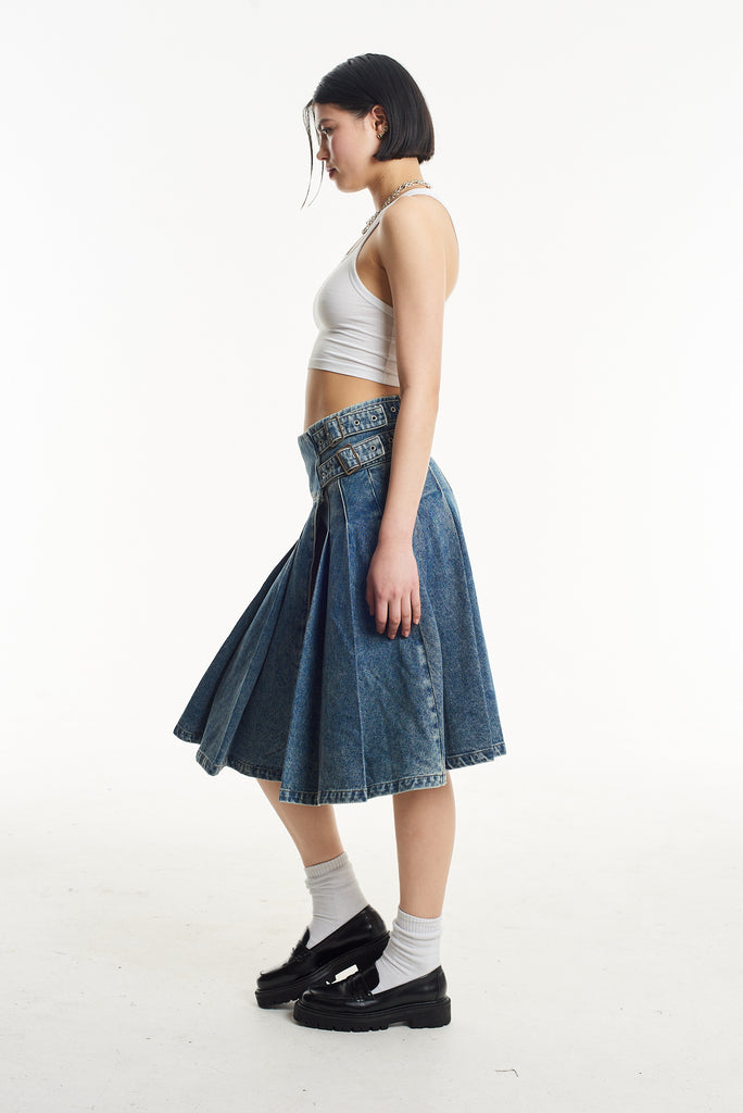 Agyness Pleated Denim Midi Skirt