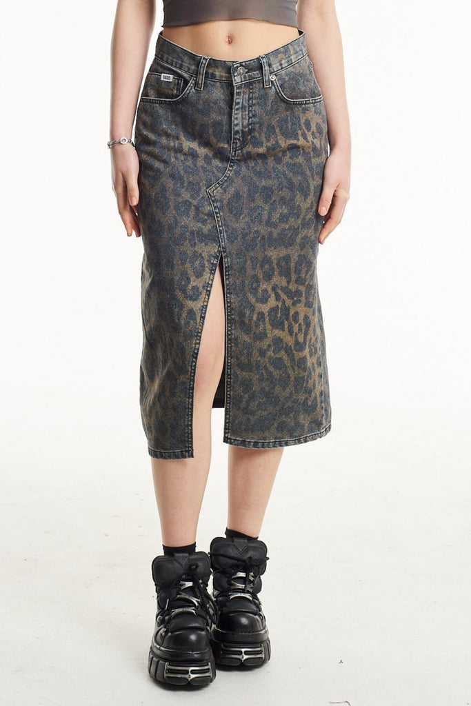 Dark Leopard Denim Midi Skirt