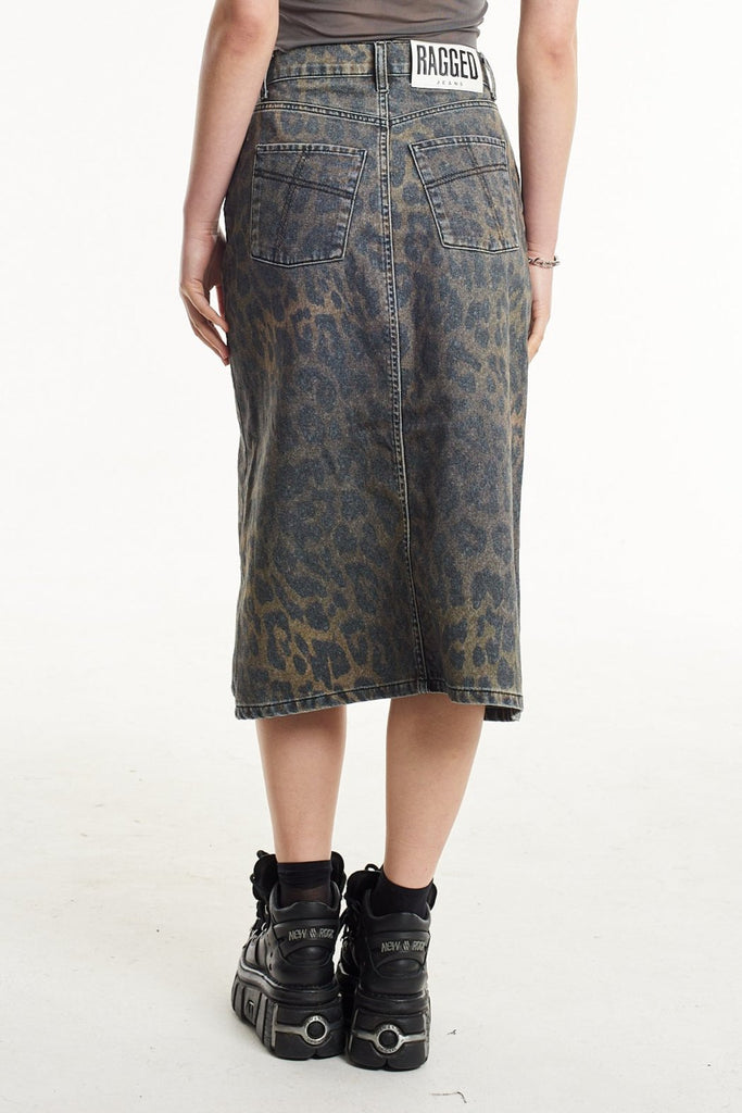 Dark Leopard Denim Midi Skirt