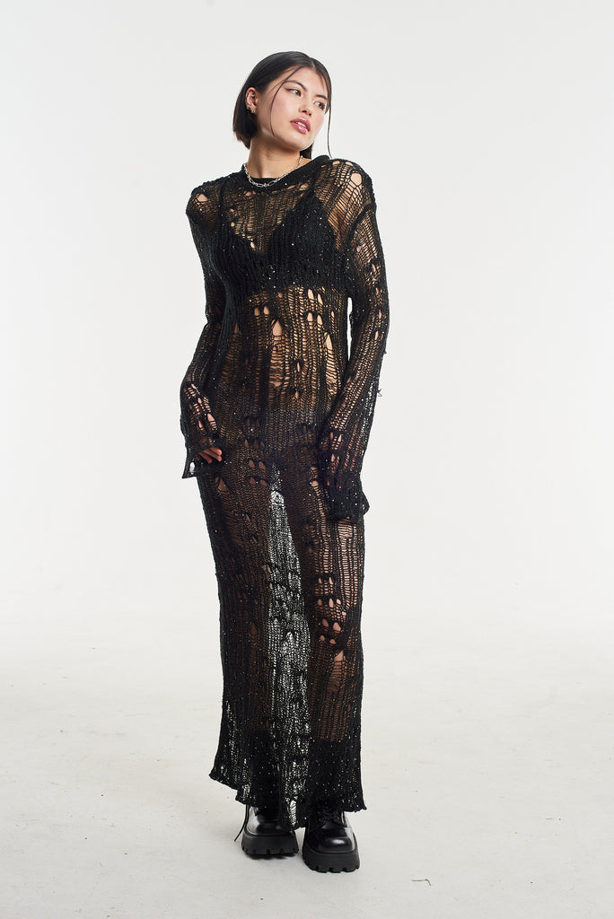 Jinx Sequin Sheer Black Maxi Dress