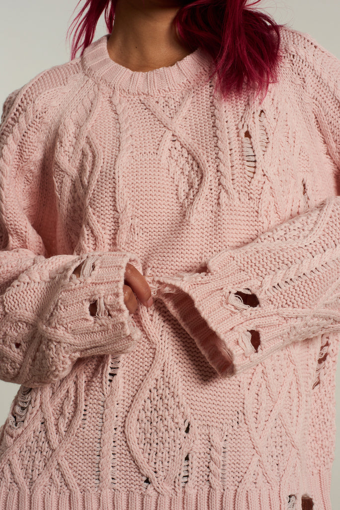 Distressed Cable Knit Pink