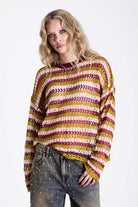 Pink and green contrast stripe crochet open knit oversized jumper, worn by model