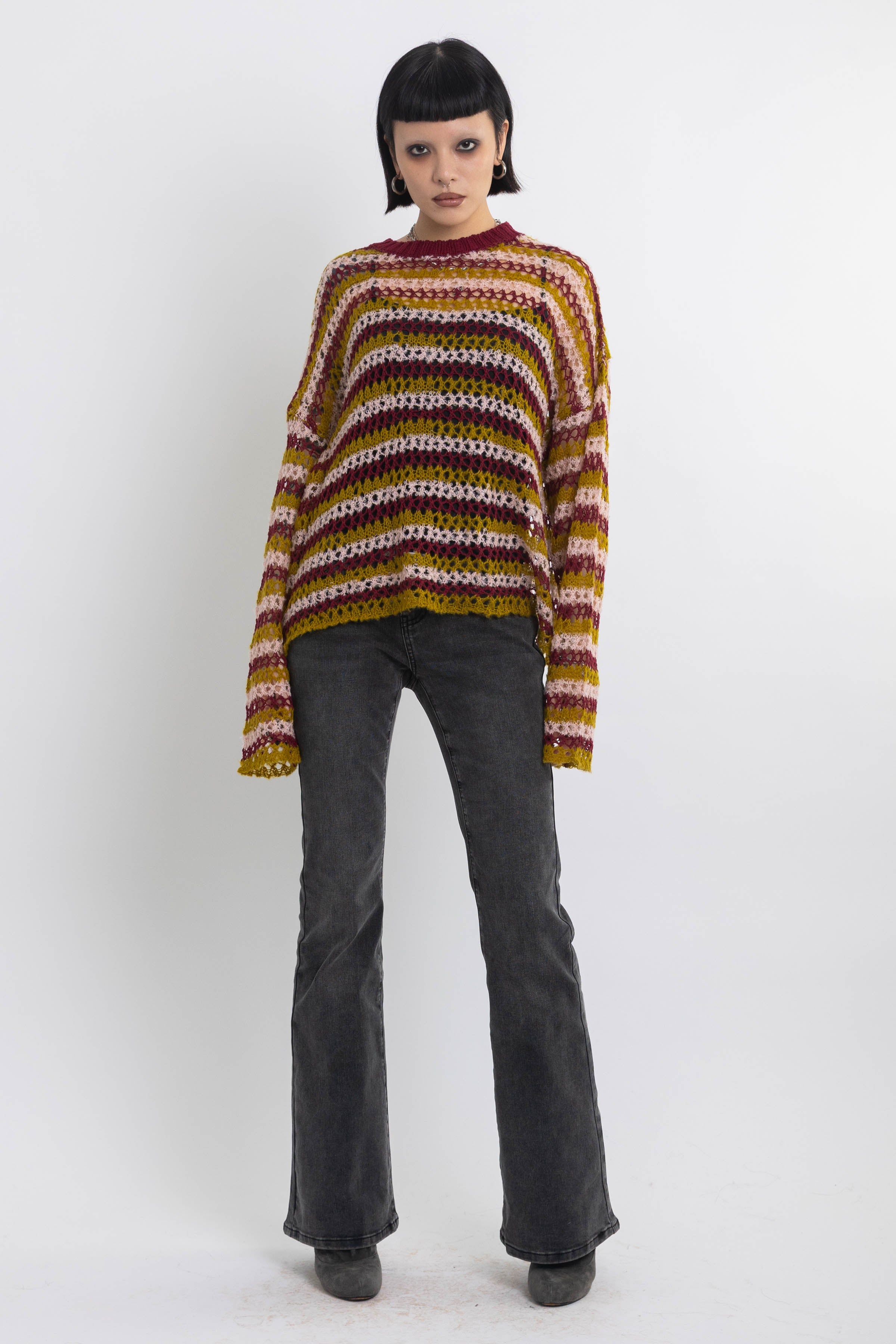 Grunge striped crochet open knit jumper, worn by model