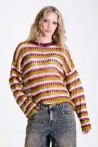 Pink and green contrast stripe crochet open knit oversized jumper, worn by model