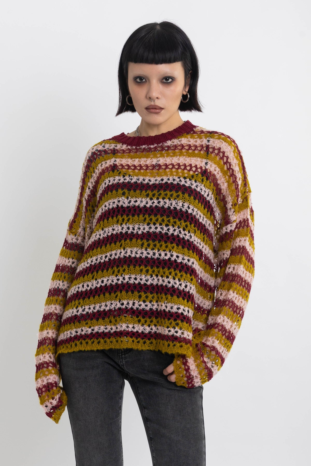 Grunge striped crochet open knit jumper, worn by model