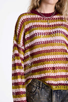 Pink and green contrast stripe crochet open knit oversized jumper, worn by model