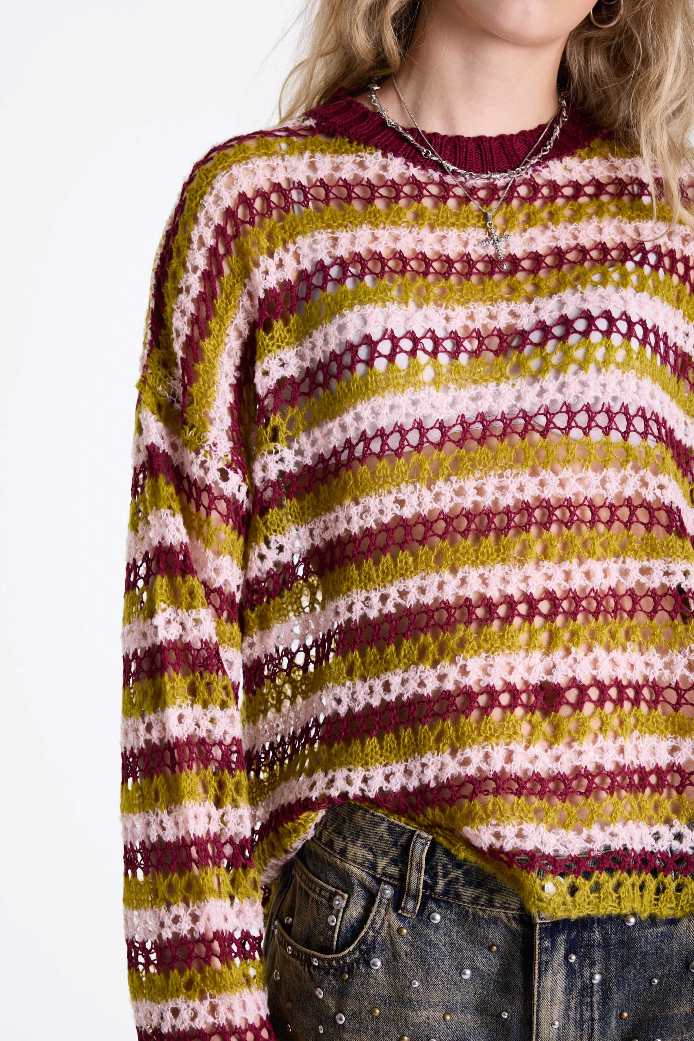 Pink and green contrast stripe crochet open knit oversized jumper, worn by model