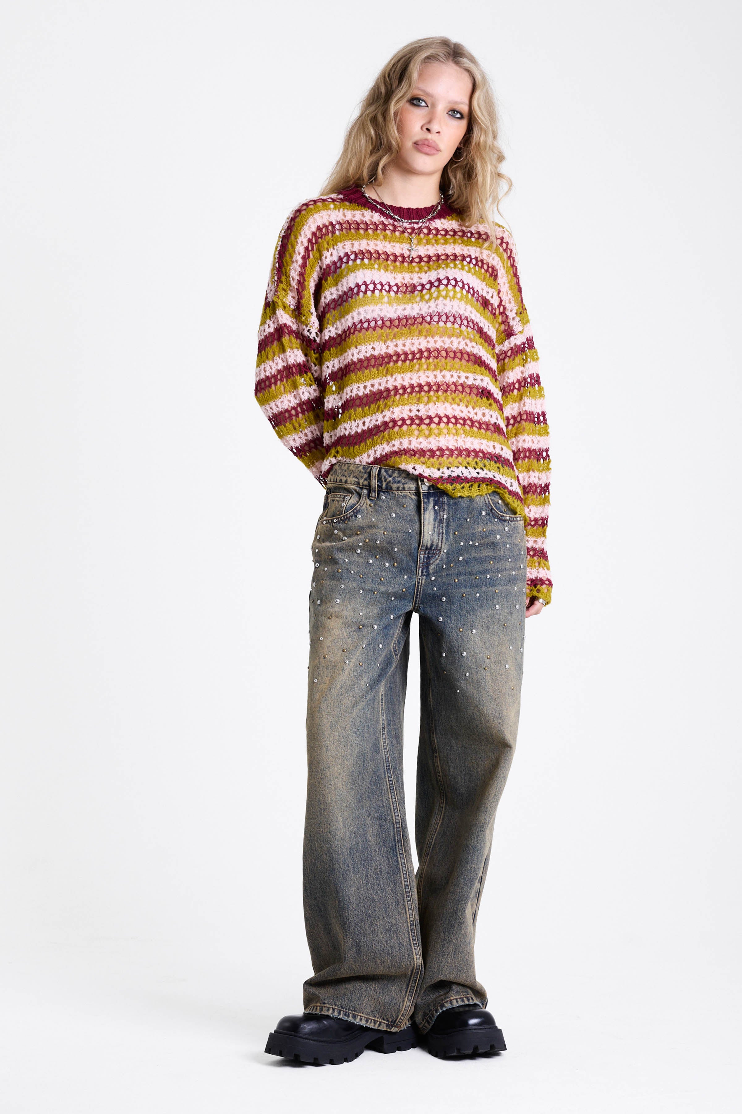 Pink and green contrast stripe crochet open knit oversized jumper, worn by model