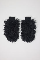 Black shaggy faux fur mittens.