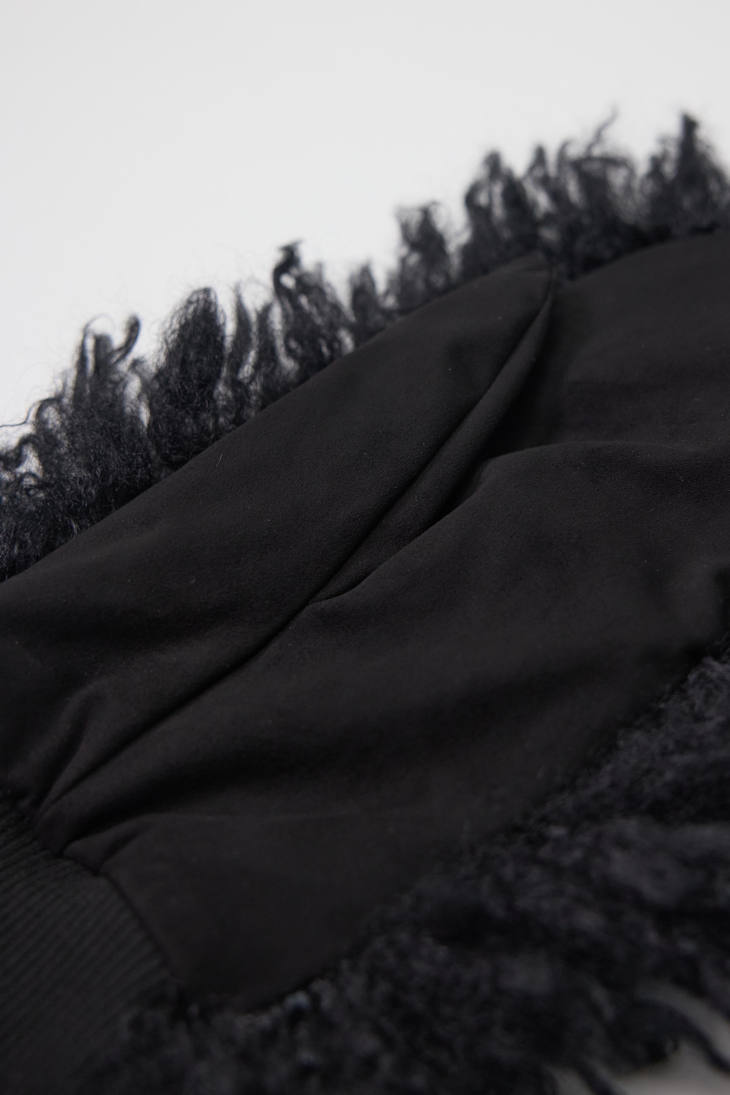 Black shaggy faux fur mittens.