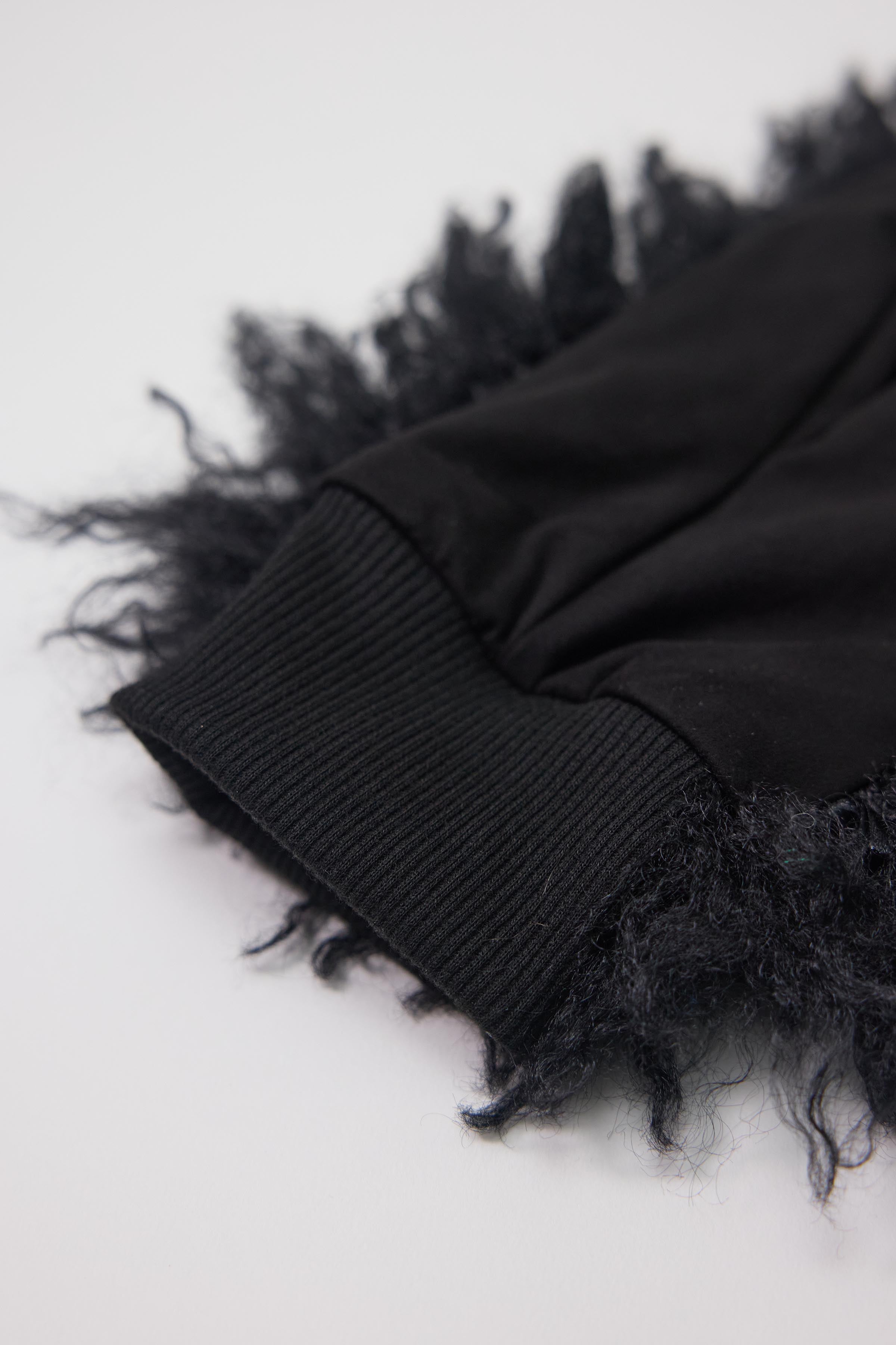 Black shaggy faux fur mittens.