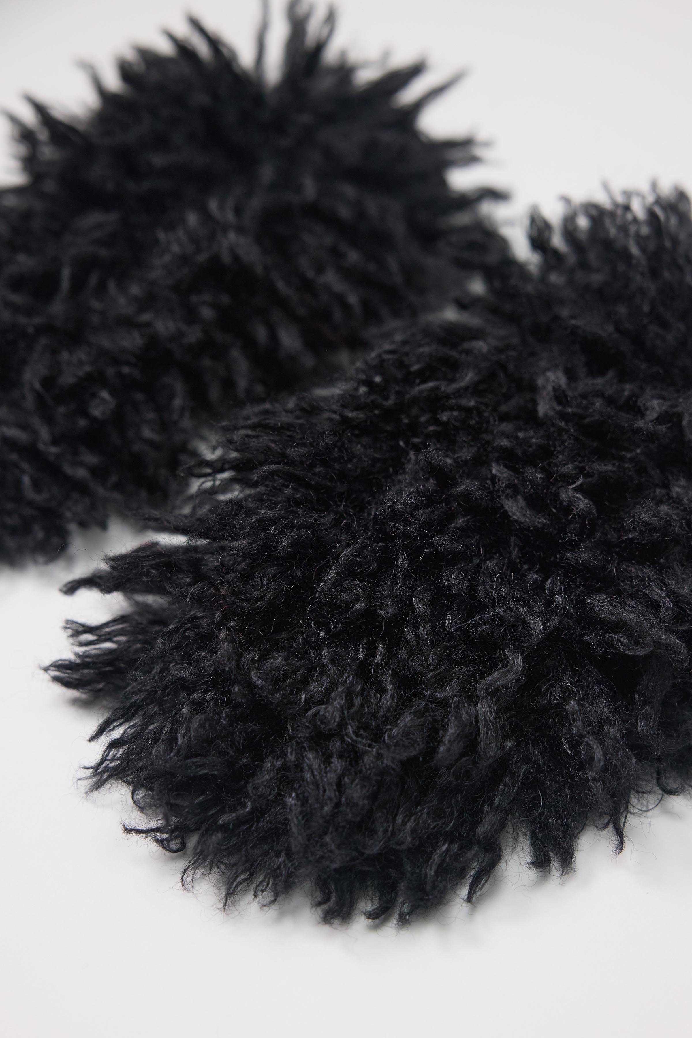 Black shaggy faux fur mittens.