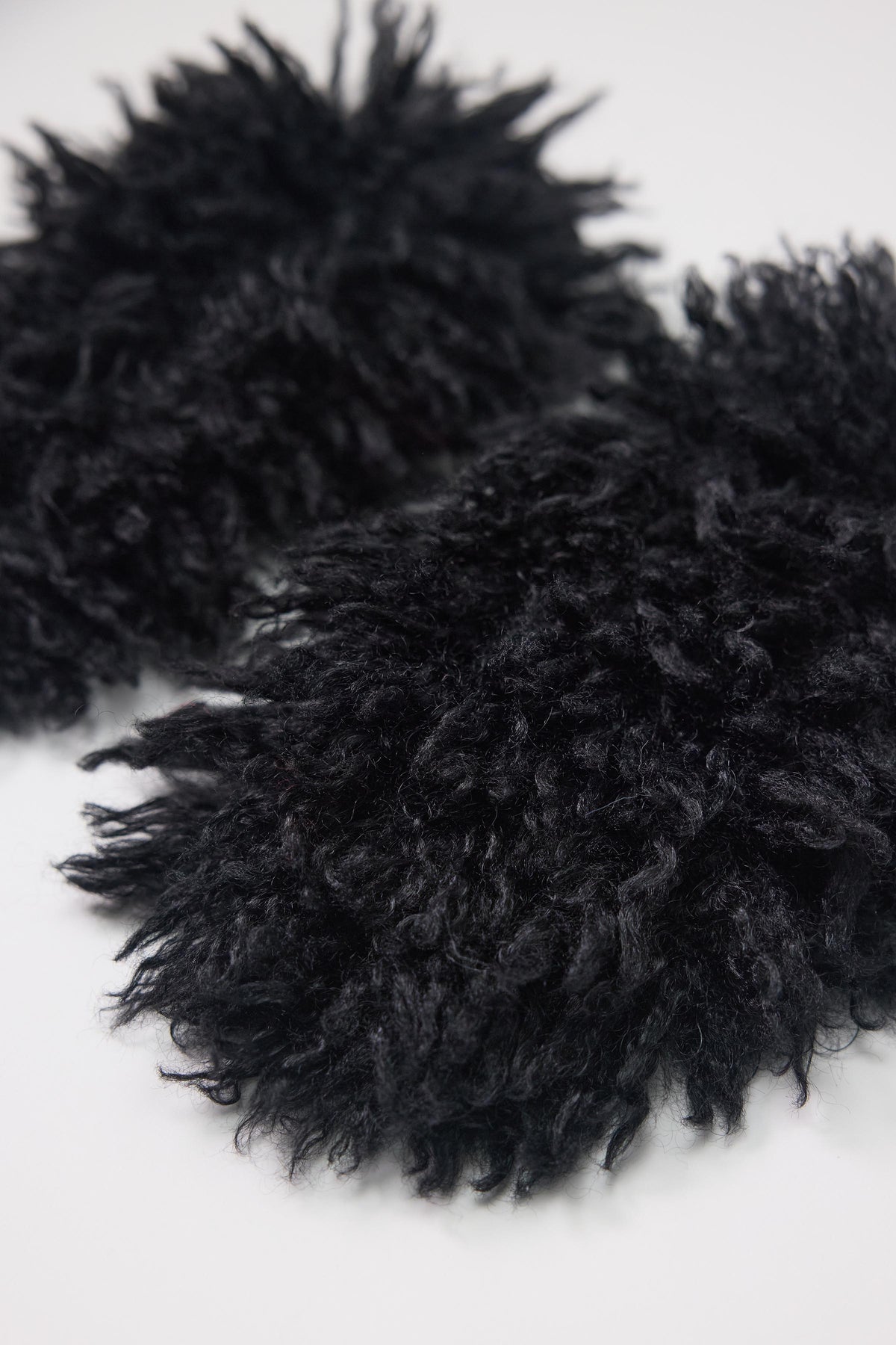 Black shaggy faux fur mittens.