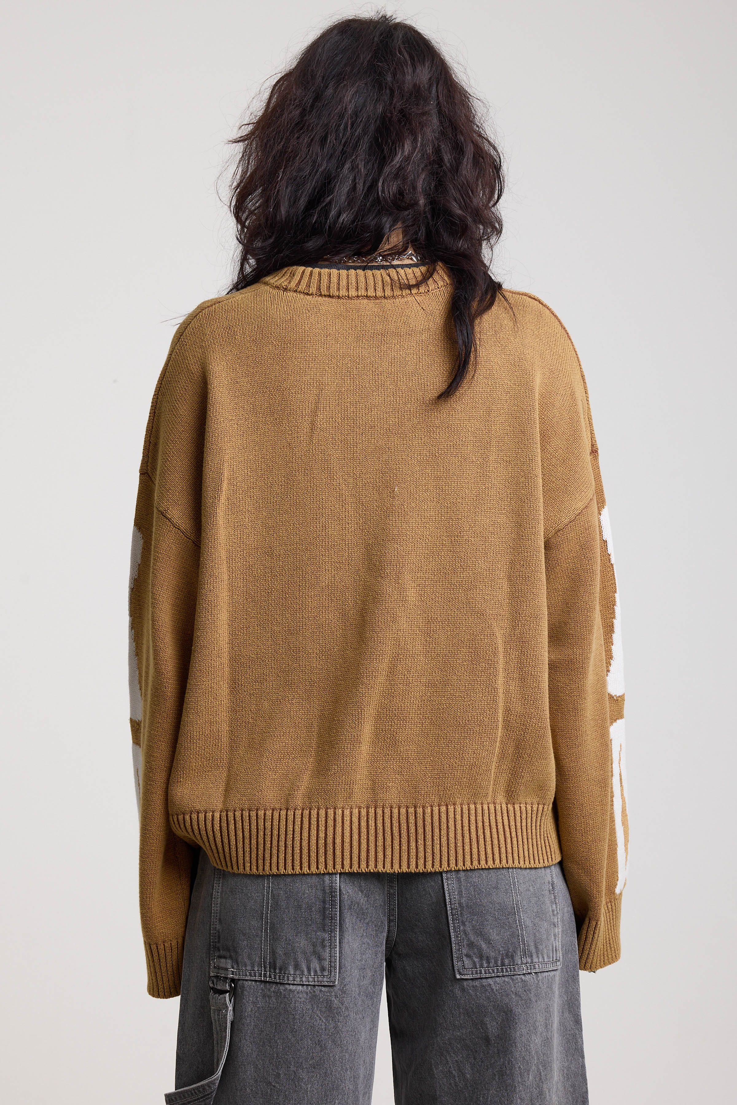 Back of brown oversized knit jumper with skeleton graphic, worn by model