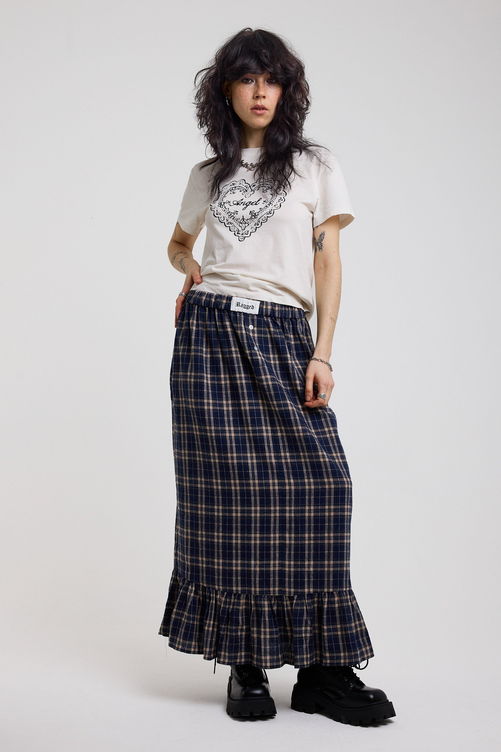 Blue and yellow check boxer waistband maxi skirt with peplum hem, worn by model