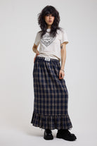 Blue and yellow check boxer waistband maxi skirt with peplum hem, worn by model
