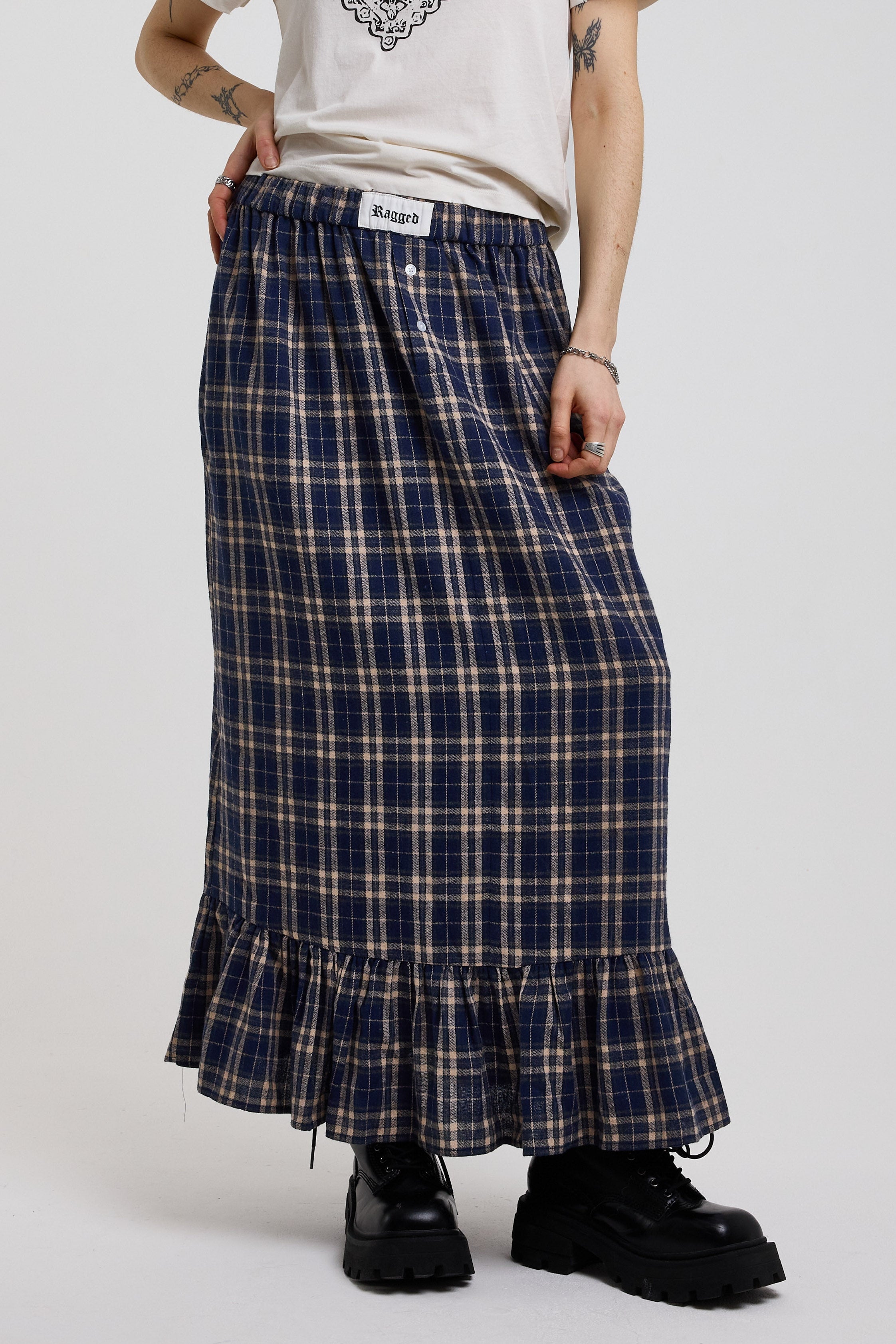 Blue and yellow check boxer waistband maxi skirt with peplum hem, worn by model