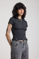 Charcoal ribbed crop t-shirt with silver D-ring hardware detail, worn by model