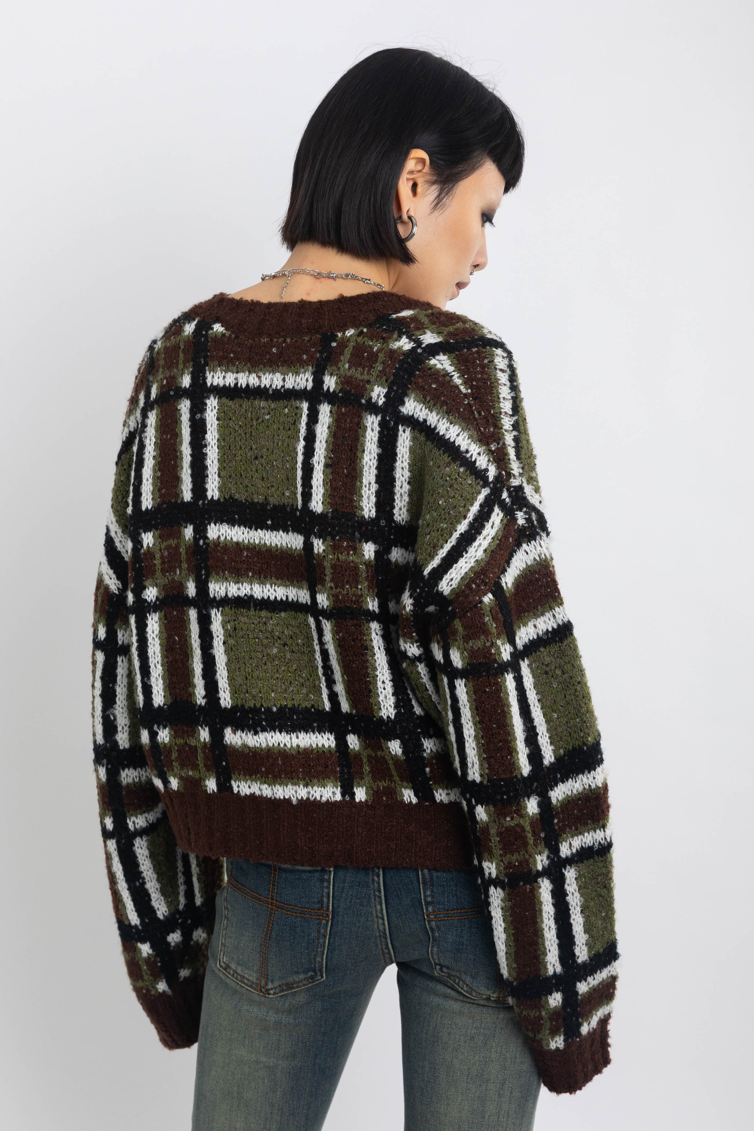 Brown and khaki grunge check boucle knit cardigan with v-neck, worn by model