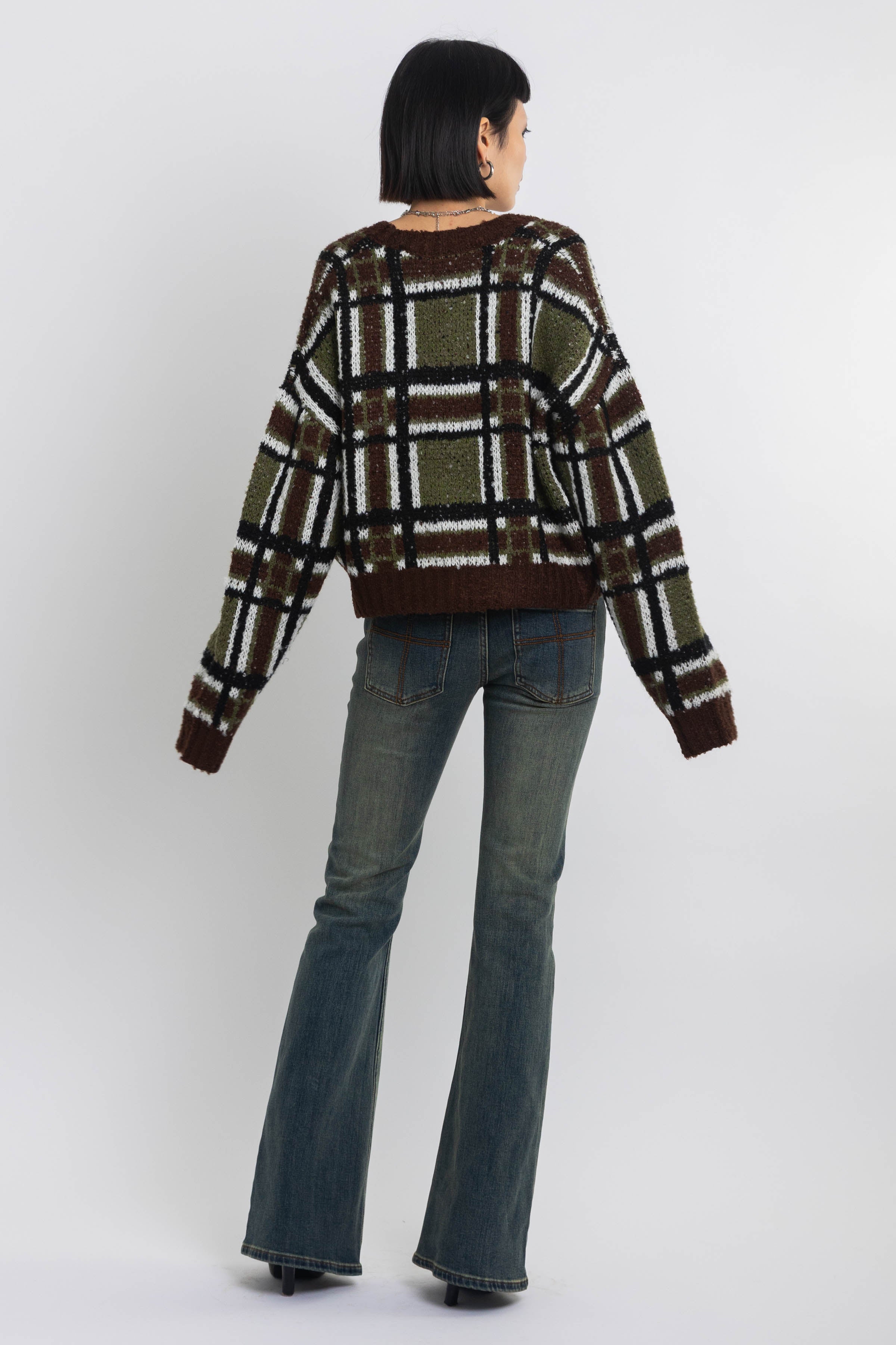 Brown and khaki grunge check boucle knit cardigan with v-neck, worn by model