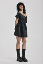 Black puff sleeve off shoulder mini dress, little black dress, party dress, worn by model