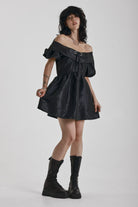 Black puff sleeve off shoulder mini dress, little black dress, party dress, worn by model