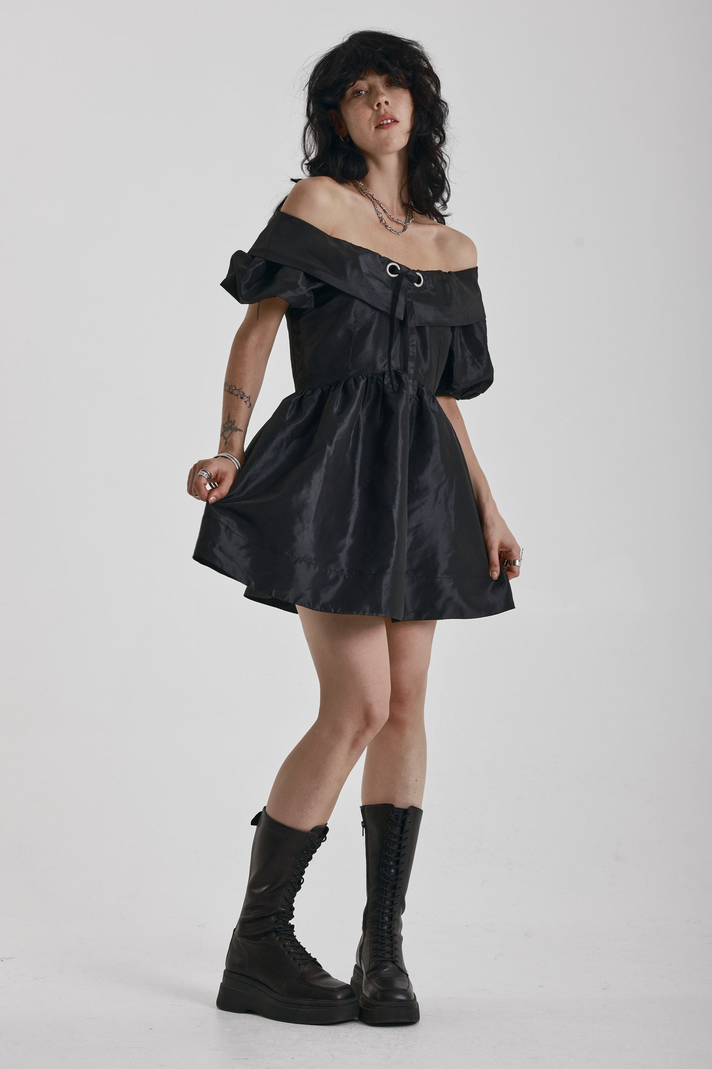 Black puff sleeve off shoulder mini dress, little black dress, party dress, worn by model