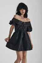 Black puff sleeve off shoulder mini dress, little black dress, party dress, worn by model
