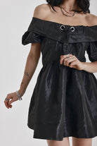 Black puff sleeve off shoulder mini dress, little black dress, party dress, worn by model