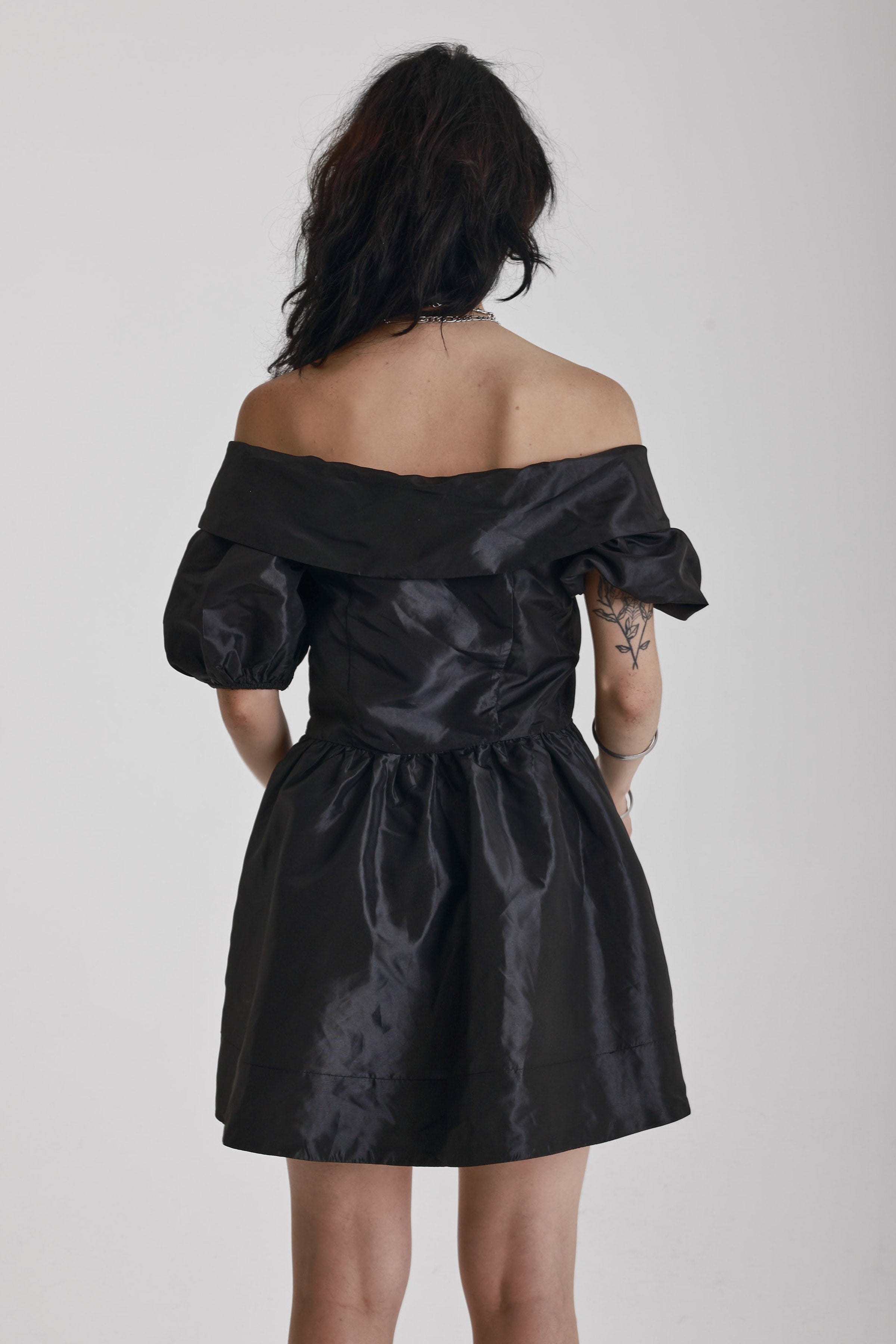 Black puff sleeve off shoulder mini dress, little black dress, party dress, worn by model