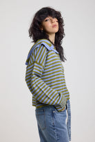 Side image of blue and green stripe knit cardigan with oversized collar, worn by a model