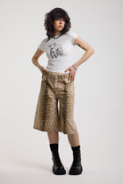 Baggy wide leg jorts in all over deer print, worn by model