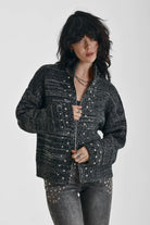 Black and grey chunky spacedye knit zip through cardigan with silver studs, worn by model